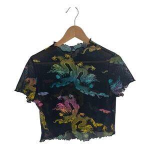 Y2k A3 Design Dragon Print Mesh Sheer Top Lettuc Hem Short Sleeves Size L Large